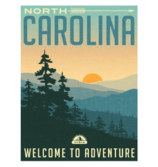 Retro style travel poster or sticker. United States, North Carolina, Great Smoky Mountains - 91743852