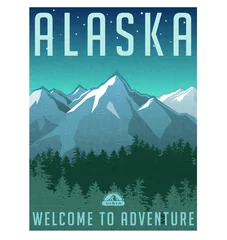 Fototapeten Retro style travel poster series. United States, Alaska mountain landscape. © TeddyandMia