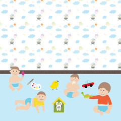 Happy baby boys.  Cute cartoon  little kids and toys in nursery