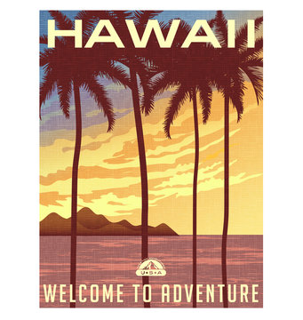 Retro style travel poster or sticker. United States, Hawaii sunset and palm trees.