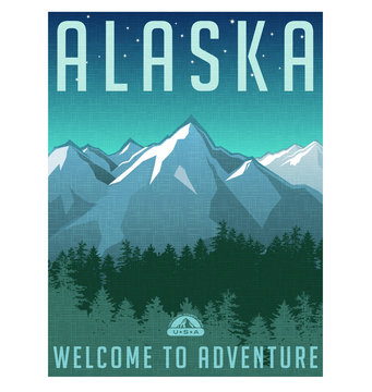 Retro style travel poster series. United States, Alaska mountain landscape.