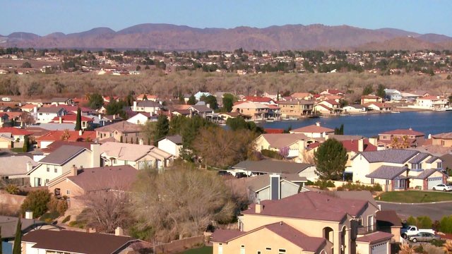 Birds eye view over suburban sprawl in a desert community.
