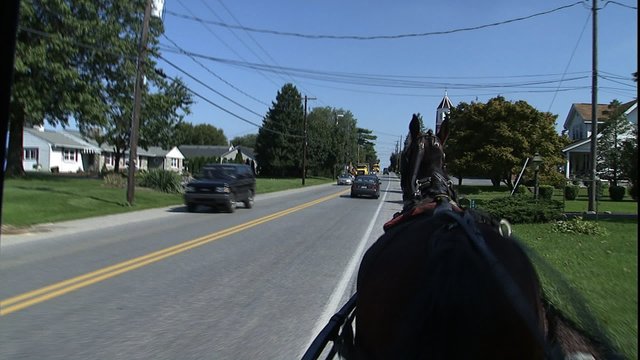 POV Amish buggy ride in a small town