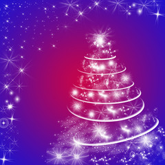Shiny winter holiday background/greeting card in blue, pink and white, with Christmas tree and sparkling stars. Copyspace.