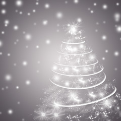 Silvery white winter holidays background or greeting card, with Christmas tree and falling snow. Black and white. Copyspace. - 91744866