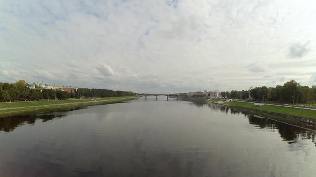 Time Lapse in the center of Tver - Novovolzhsky bridge across the Volga and embankments
