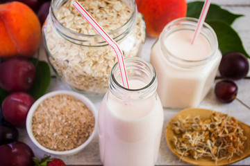 Healthy eating concept: the bran, cereals, wheat germ, yogurt an