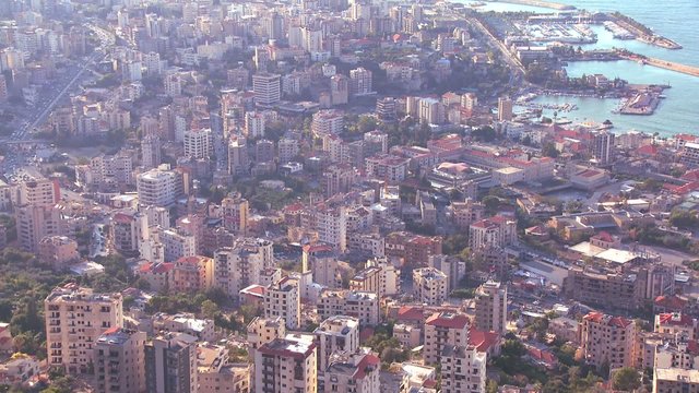 High angle view of the urban sprawl of Beirut, Lebanon.