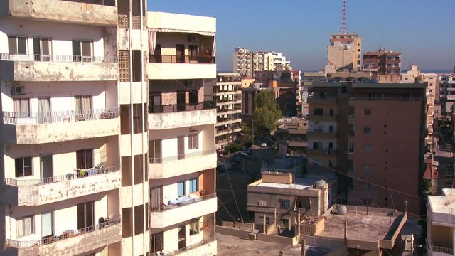 Downtown Tyre, Lebanon with office buildings and apartments.