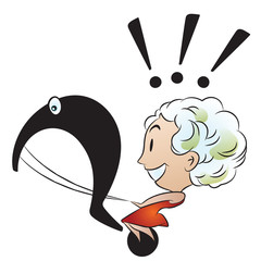 Vector illustration. Girl riding on the exclamation point. Probl