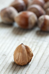 hazelnuts on wooden background