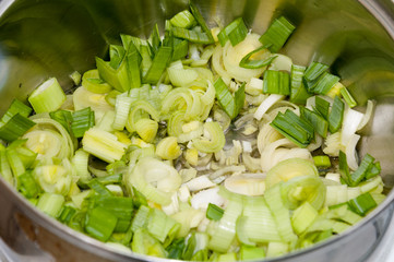 Cooking leek in the frying pan