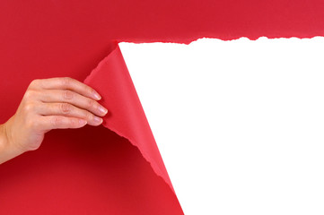 Hand tearing red paper background open opening revealing white space for copy text inside torn...
