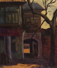 The archway in the courtyard of the old house. Oil painting