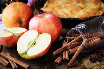 Apple pie ingredients - fresh apples, cinnamon sticks and sugar - on dark rustic wooden background