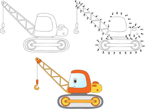 Cartoon construction crane. Vector illustration. Coloring and do