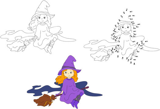 Cute and nice witch flying on a broom. Vector illustration. Colo