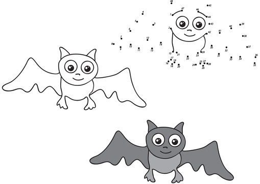 Cartoon bat. Vector illustration. Coloring and dot to dot game f