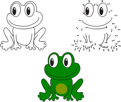 Cartoon frog. Vector illustration. Coloring and dot to dot game