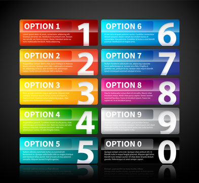 10 colorful glossy banners with numbers from zero to nine.