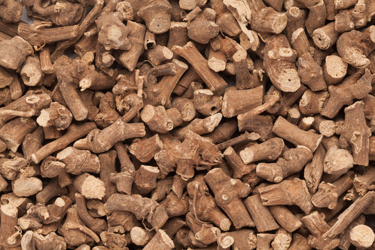 Organic Ganthoda or Long pepper Roots (Piper longum) closeup background texture.