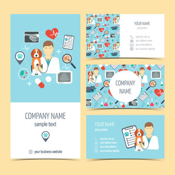 Set of flyer, brochure and business cards for vet clinic. Pet care. Set of promotional products. Flat design. Vector