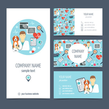 Set of promotional products for vet clinic. Flyer, brochure and business cards. Pet care.  Flat design. Vector