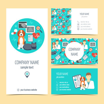 Collection of promotional products for vet clinic. Flyer, brochure and business cards. Pet care.  Flat design. Vector