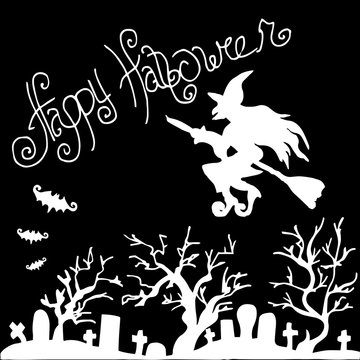 Illustration of Halloween. Witch flying over the cemetery.
