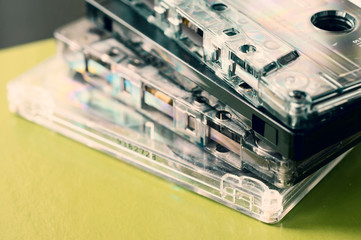 Stack of old audio tapes close up