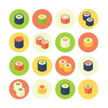 Flat Isometric Sushi Icons Set