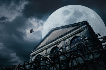 Old grunge building with bird at night over cloudy sky and the m