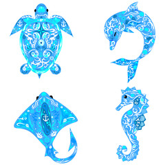 Sea inhabitants, exotic animals, deep-water animals, dolphin with a pattern, a turtle sea, a scat an underwater, sea horse, sea fauna, animals with drawing