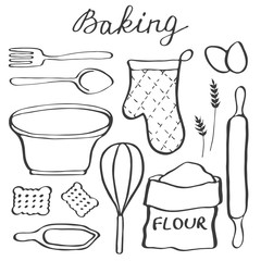 Baking set. Hand-drawn cartoon utensils and ingridients. Doodle