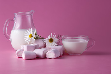Pink marshmallow with milk, flowers