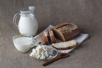 Healthy breakfast concept. Bread with milk