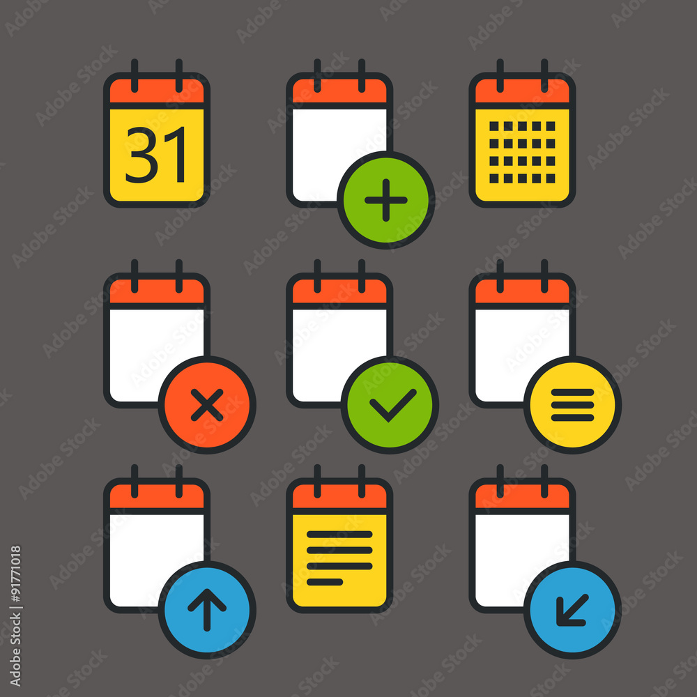 Poster Different calendar color icons set with rounded corners. Flat de
