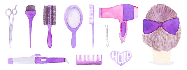 Hairstyling set. Hand-drawn tools. Real watercolor drawing