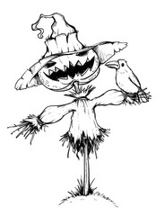 Scarecrow with a pumpkin for a head. Black and white