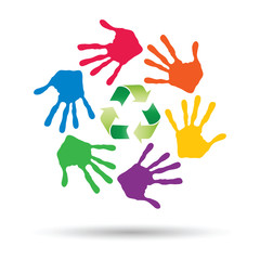 Fototapeta premium Vector concept circle of hands, green recycle symbol