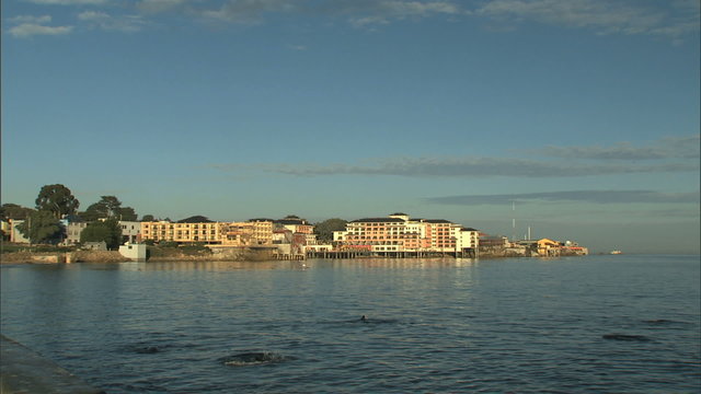 Zm in to Monterey cannery row from water 