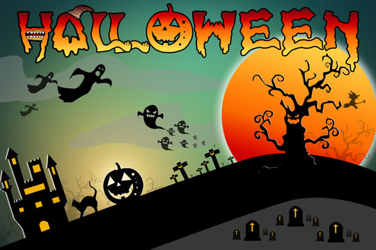 Halloween design background with spooky graveyard, naked trees, graves and bats