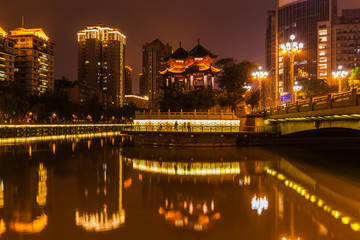 Fototapeta na wymiar Night view of Hejiang Pavilion in Chengdu