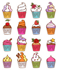 Colorful sketch doodle style cupcakes set.