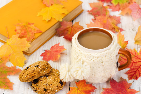 Cup of coffee and oatmeal cookies on background with autumn leav