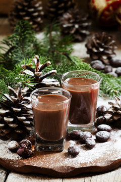 Chocolate drink, candy, pine-needles and cones, selective focus