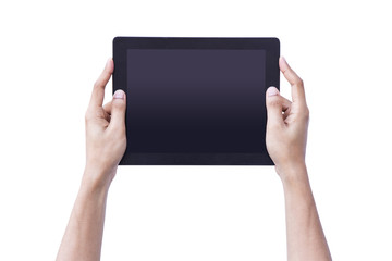 Man hand holding tablet tablet screen showing up overhead person isolate background concept for...