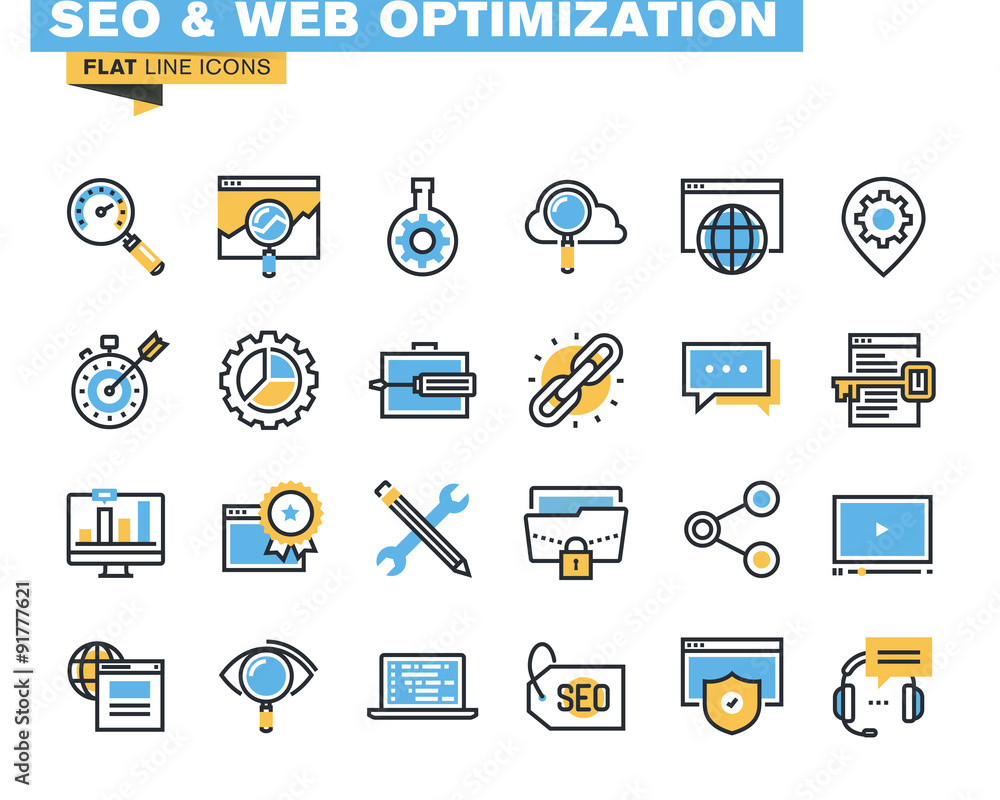 Poster trendy flat line icon pack for designers and developers. icons for seo and web optimization, for web