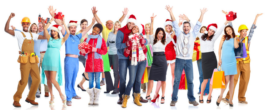 Group of happy Christmas people with gifts. © grinny