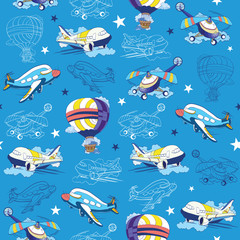 Vector Transport Airplane Helicopter Seamless Pattern. Hot Air